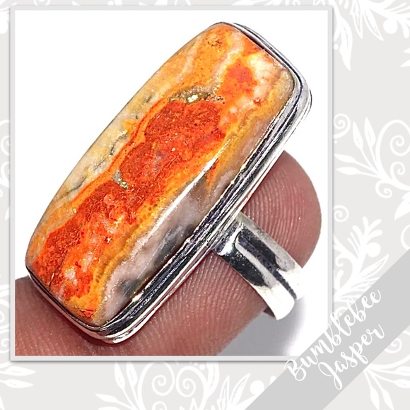 Bumblebee Jasper Large Silver Artisan Ring, Size 6.5 (Orange, Yellow / Gold)